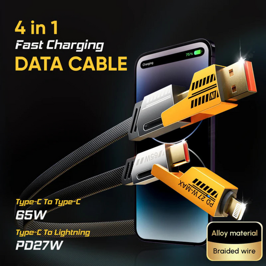 4-in-1 PD Fast Charge Cable | USB-A/Lightning/Dual Type-C | 27W–65W Nylon Braided