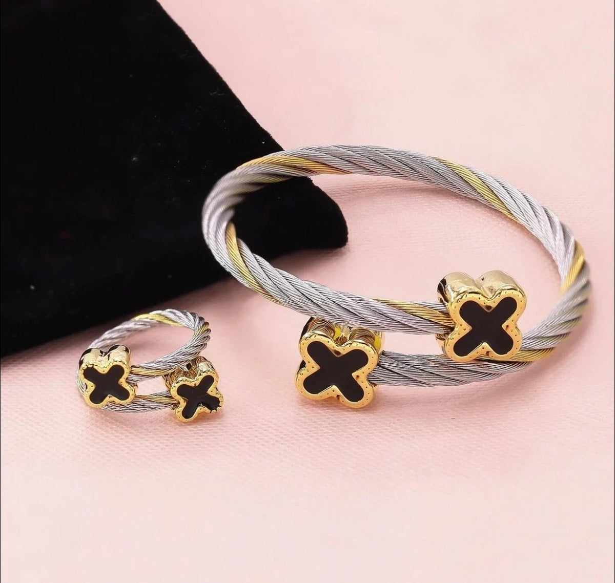 Stainless Steel X Braceket and Ring set (adjustable) S4880014