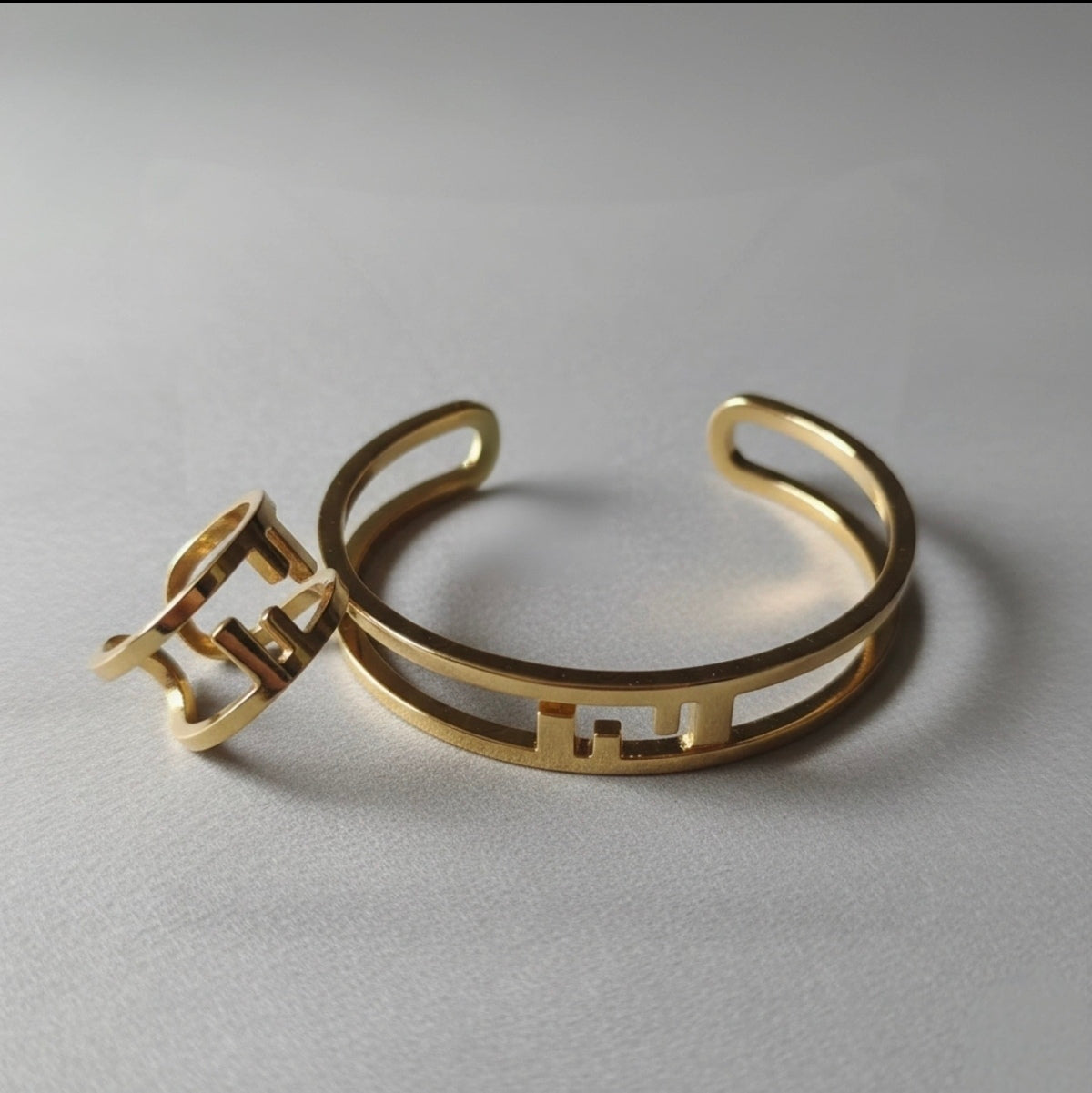 Gold-Finish Metal O'Lock Motif Cuff Bracelet And Ring S5841893