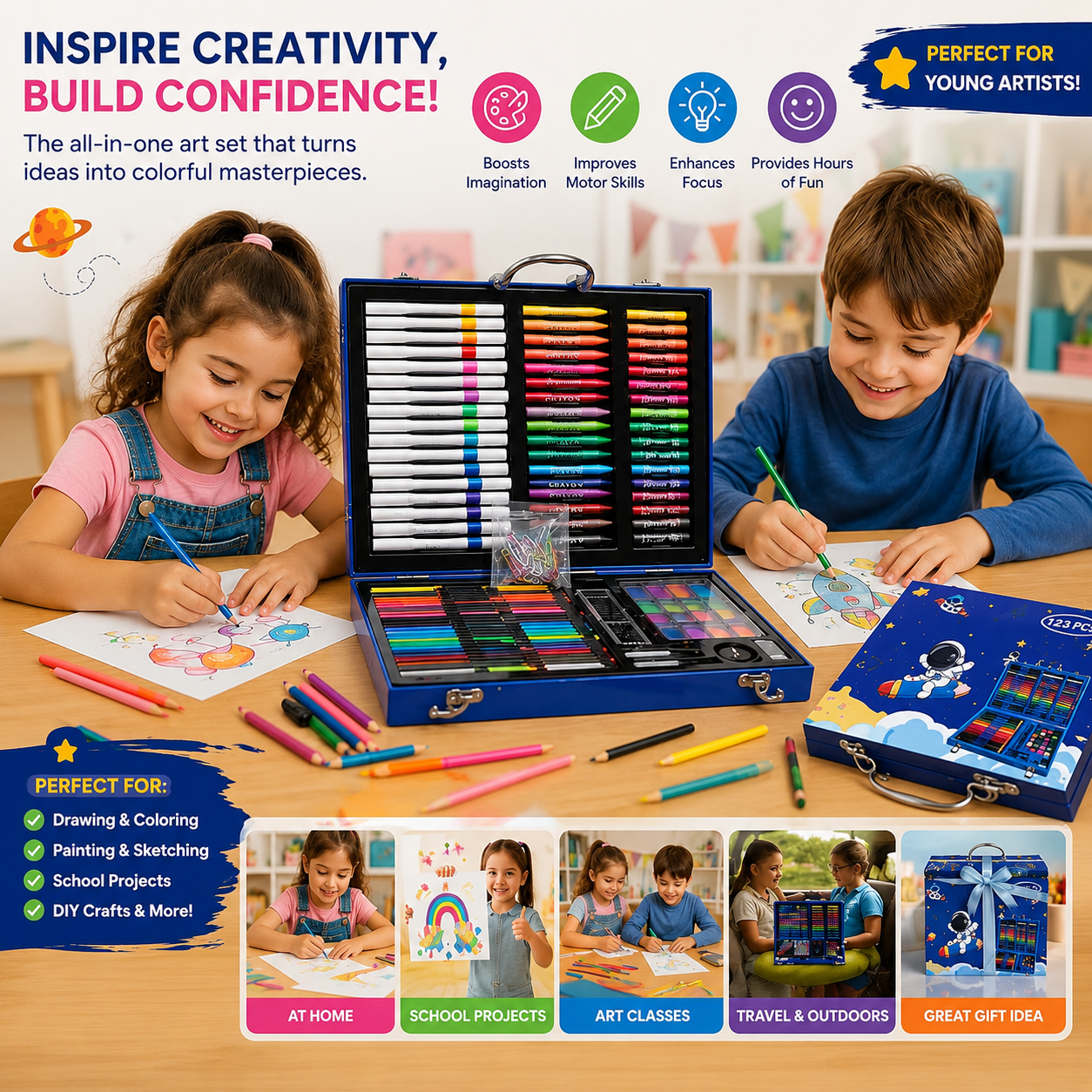 128-Piece Kids Art & Drawing Set in Portable Carry Case