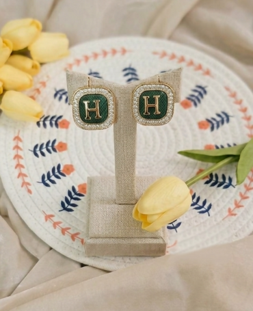 Square Green Rhinestone "H" Initial Stud Earrings