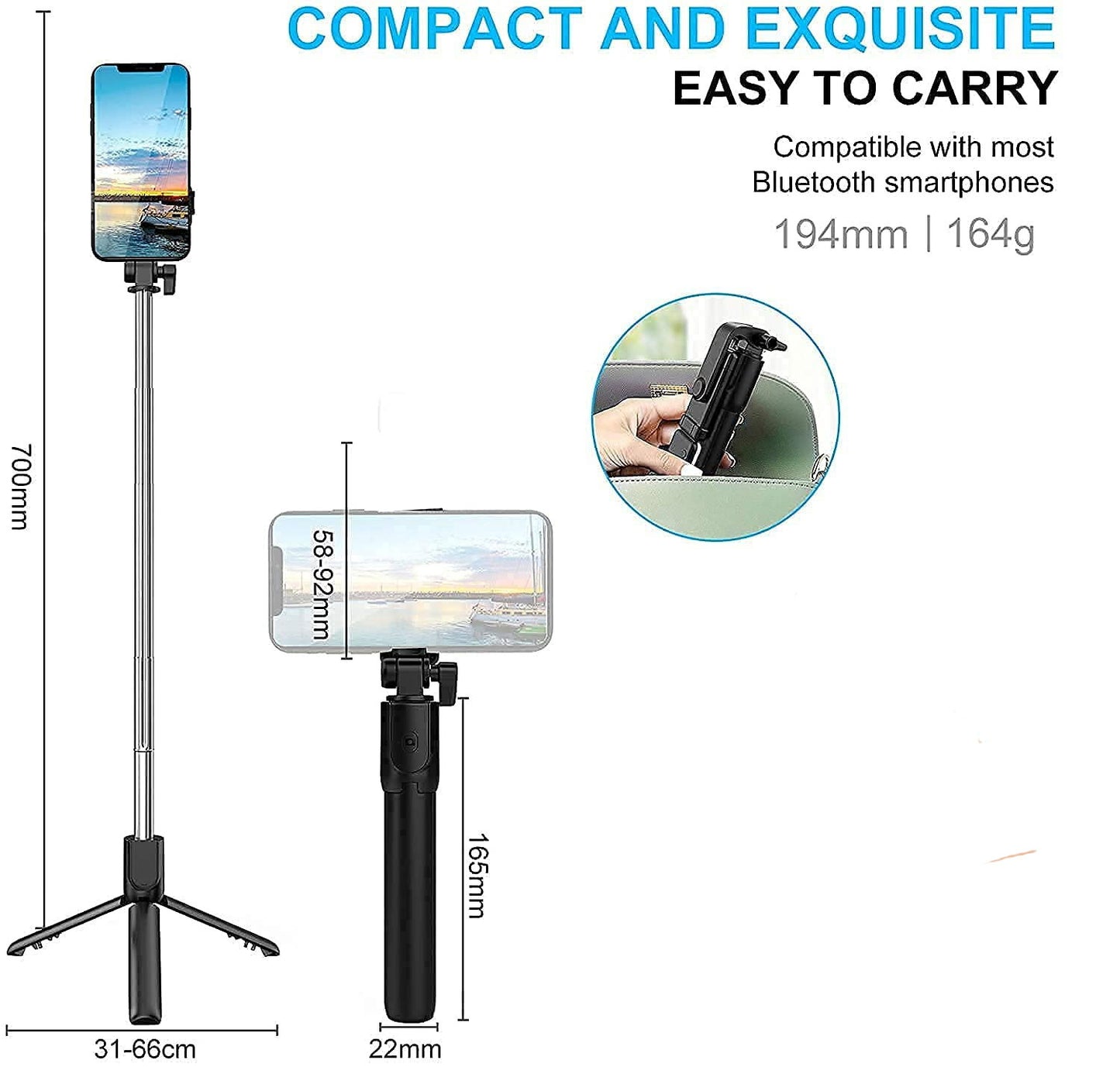 R1 Extendable Selfie Stick with Tripod Stand and Detachable Wireless Bluetooth Remote