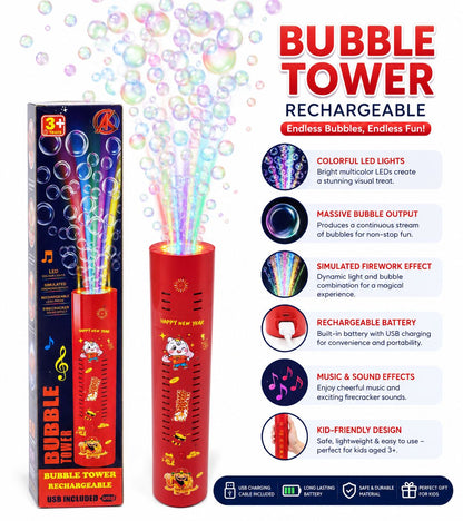 Bubble Tower Machine with LED Lights & Fireworks Sound for Kids & Parties