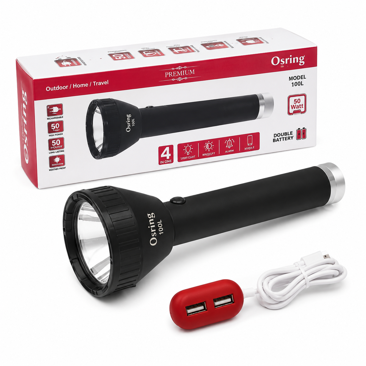 Osring OS-100L Rechargeable LED Flashlight – 50W High Power Torch with Dual Battery