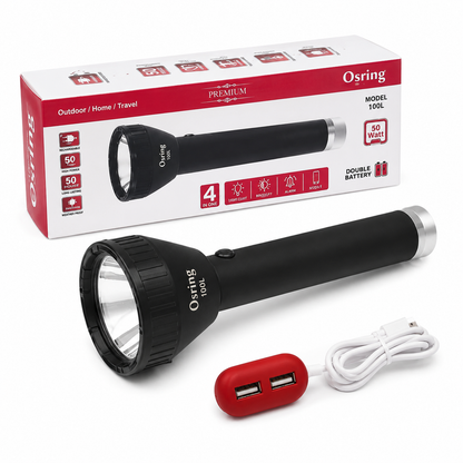 Osring OS-100L Rechargeable LED Flashlight – 50W High Power Torch with Dual Battery