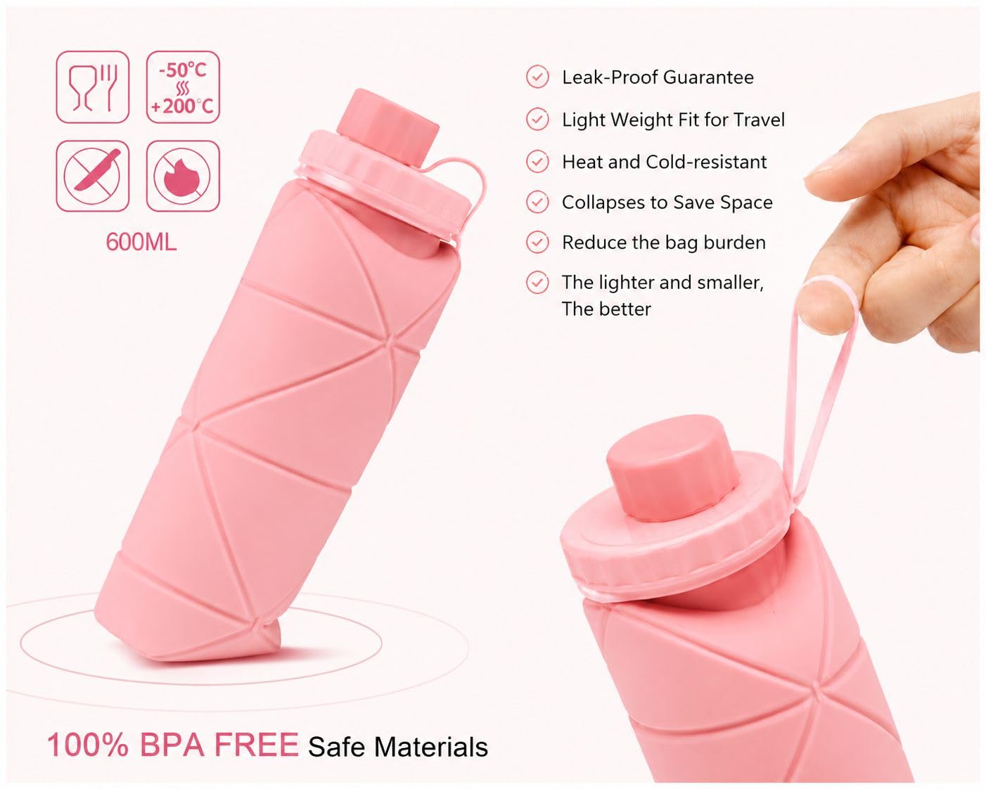 Foldable Silicone Water Bottle 600ml | Leak-Proof & BPA-Free