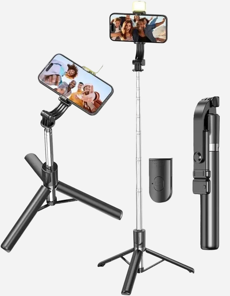 R1S-L Mini LED Fill Light 3-in-1 Tripod Selfie Stick – Multifunctional Aluminum Stand for Vlogging, Photography & Videography, Compatible with All Smartphones