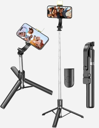 R1S-L Mini LED Fill Light 3-in-1 Tripod Selfie Stick – Multifunctional Aluminum Stand for Vlogging, Photography & Videography, Compatible with All Smartphones