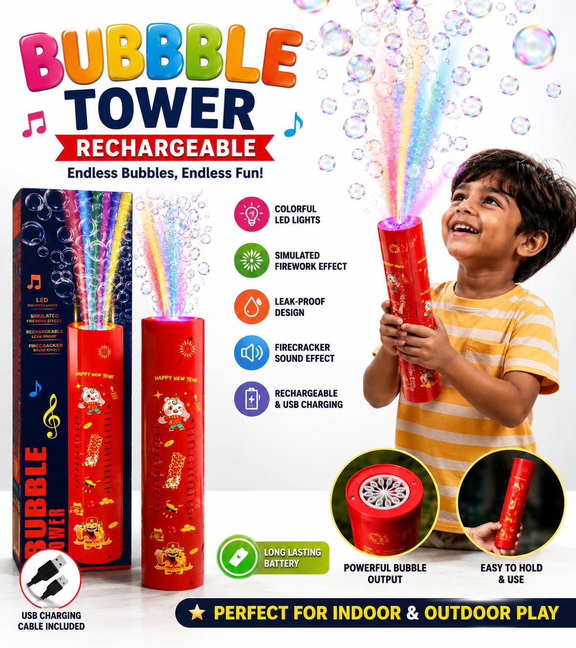 Bubble Tower Machine with LED Lights & Fireworks Sound for Kids & Parties