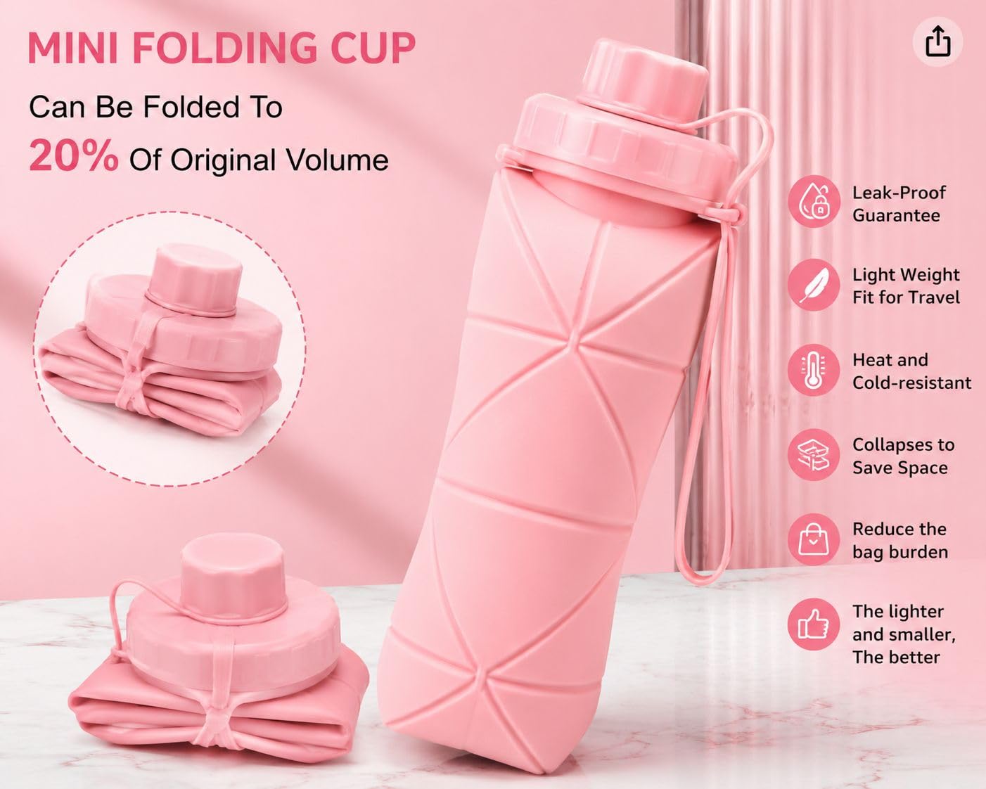 Foldable Silicone Water Bottle 600ml | Leak-Proof & BPA-Free