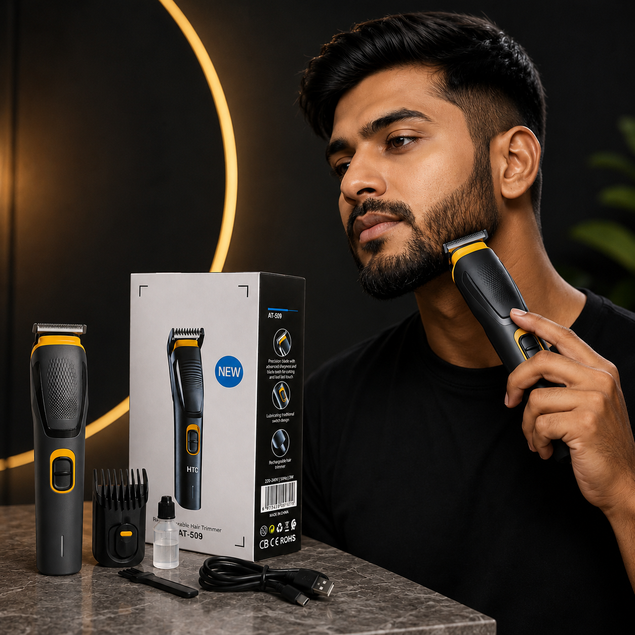 Professional Hair and Beard Trimmer USB Rechargeable HTC AT-509