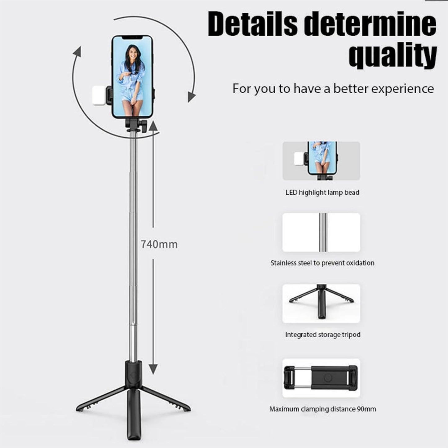 R1S Extendable 3 in 1 Selfie Stick Tripod with Bluetooth Remote Included and Rotatable