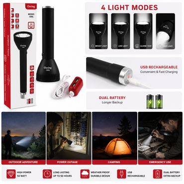 Osring OS-100L Rechargeable LED Flashlight – 50W High Power Torch with Dual Battery