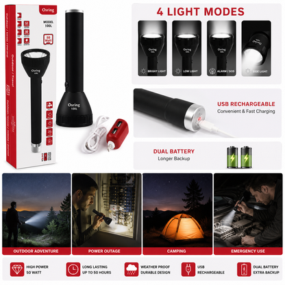 Osring OS-100L Rechargeable LED Flashlight – 50W High Power Torch with Dual Battery