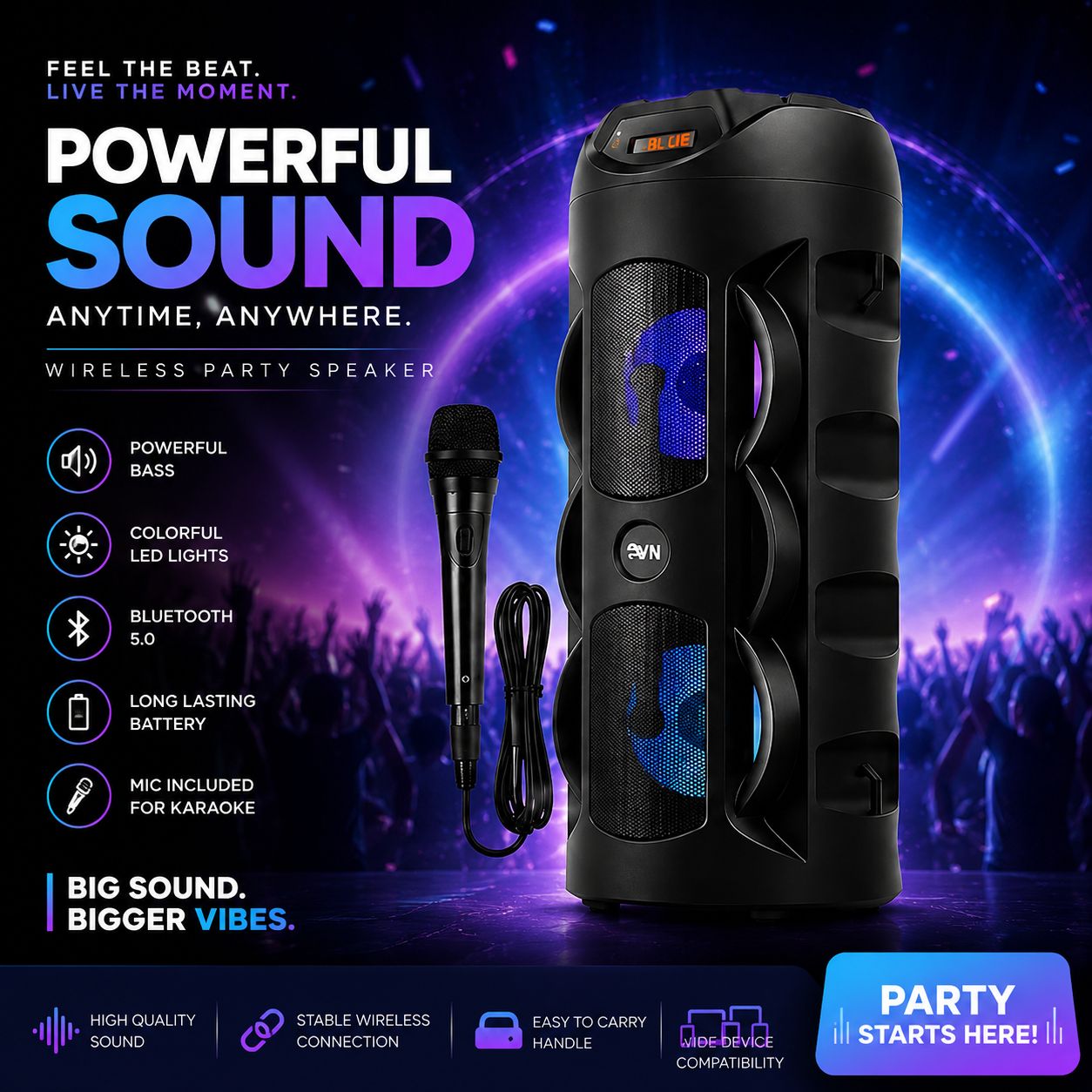 SpeakerTower 30W Bluetooth Party Speaker with RGB Disco Lights VN-36