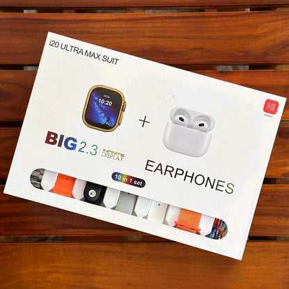 i20 Ultra Max Suit Smartwatch & Wireless Earbuds Combo Set (10-in-1 Gift Pack)