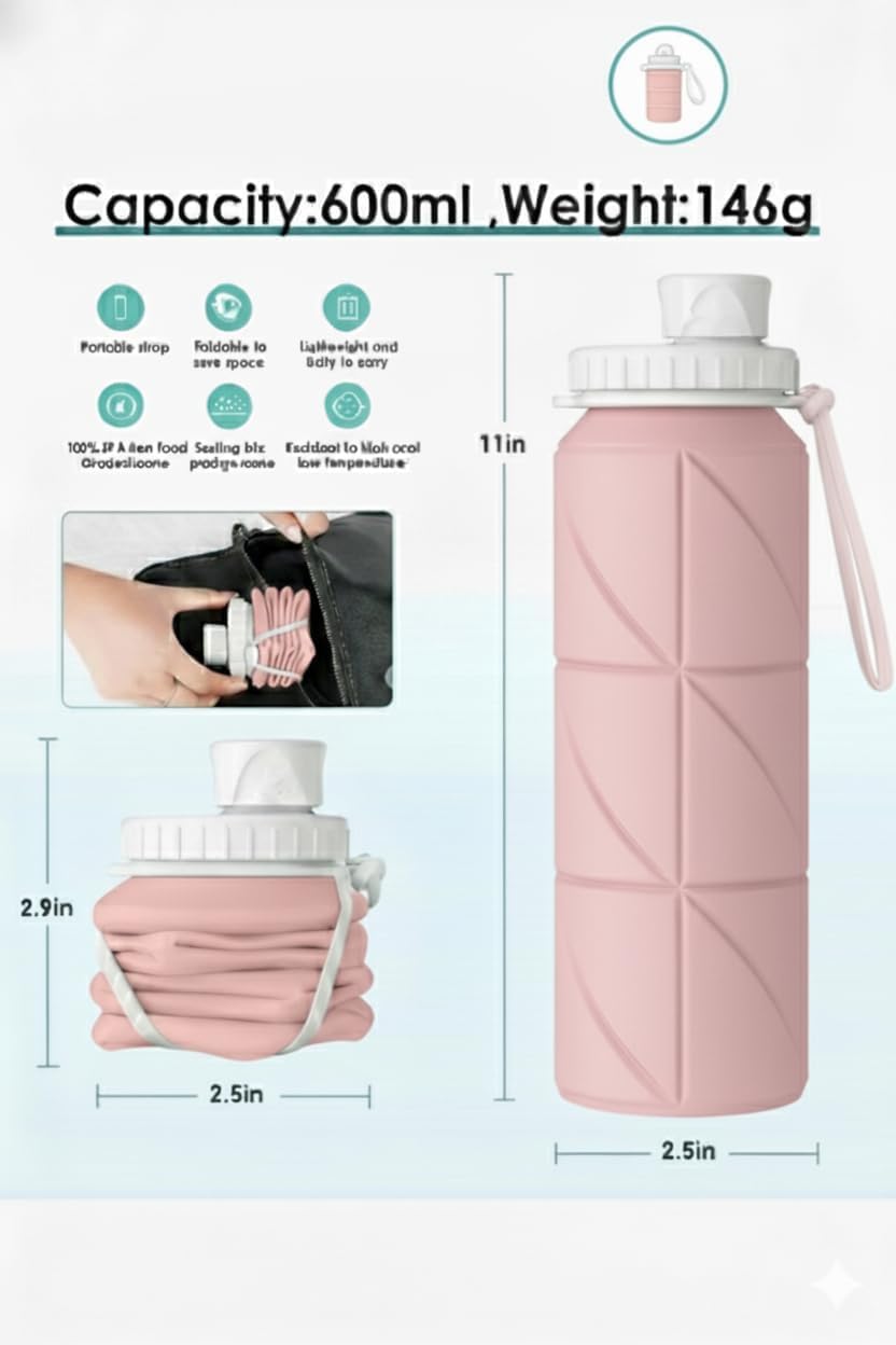 Foldable Silicone Water Bottle 600ml | Leak-Proof & BPA-Free