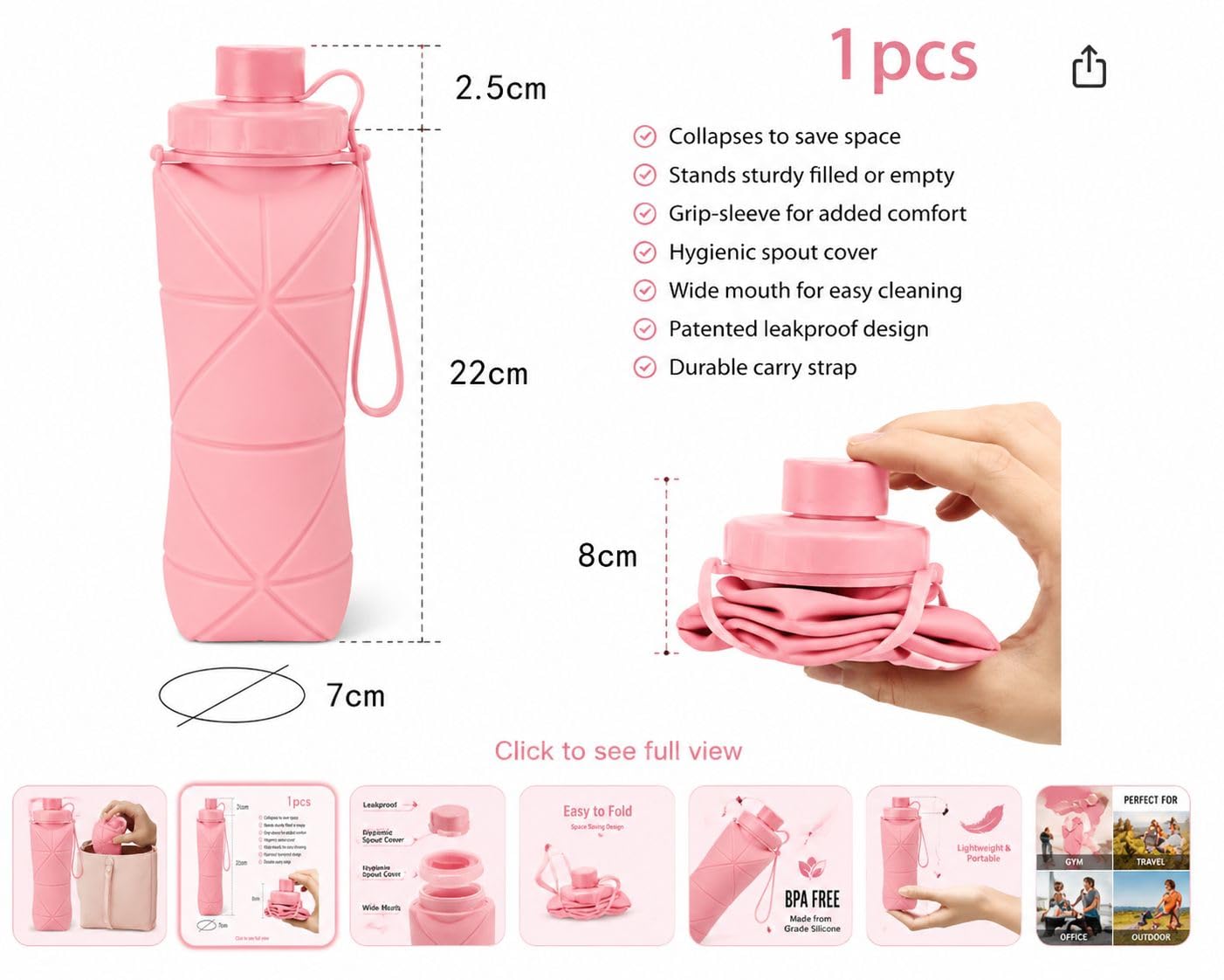 Foldable Silicone Water Bottle 600ml | Leak-Proof & BPA-Free