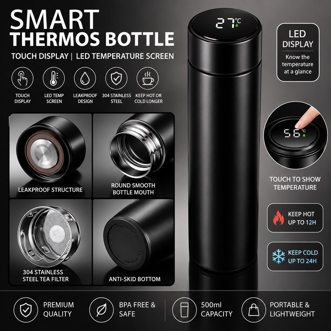 Smart Thermos Temperature Display Vacuum Bottle – 500ml
