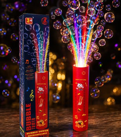 Bubble Tower Machine with LED Lights & Fireworks Sound for Kids & Parties