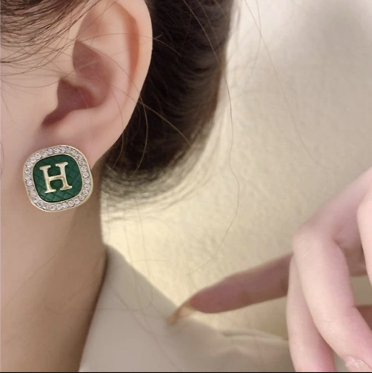 Square Green Rhinestone "H" Initial Stud Earrings