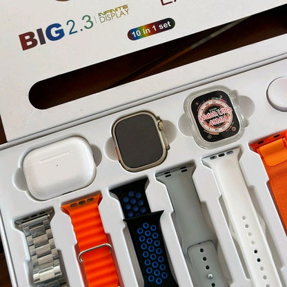 i20 Ultra Max Suit Smartwatch & Wireless Earbuds Combo Set (10-in-1 Gift Pack)
