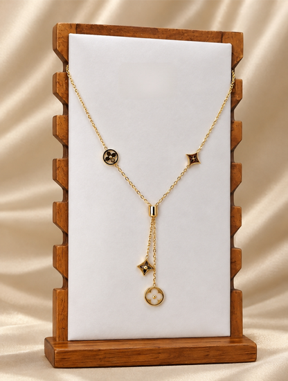Elegant Golden Lariat Necklace Styled on Model