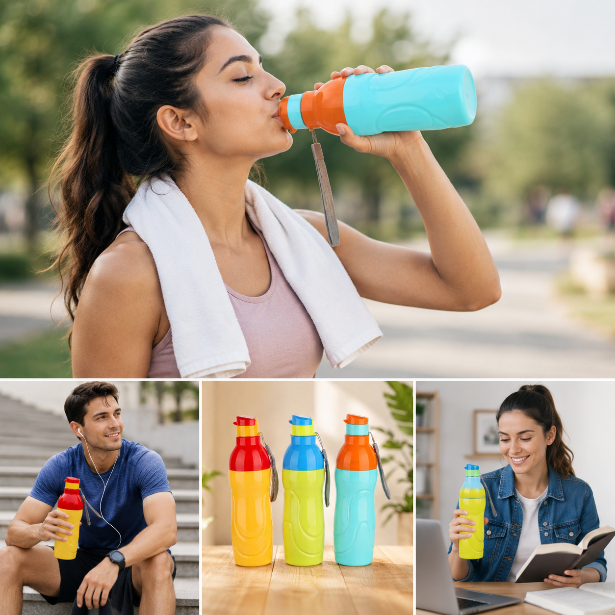 CoolJoy 1000ml Plastic Water Bottle with Carry Strap | Leakproof Sports Bottle