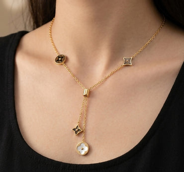 Elegant Golden Lariat Necklace Styled on Model