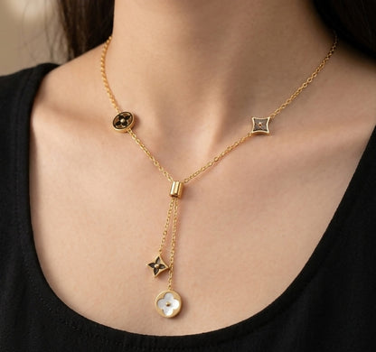 Elegant Golden Lariat Necklace Styled on Model