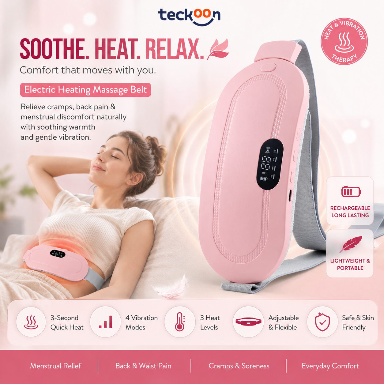 Rechargeable Electric Heating Massage Belly Wrap Belt for Cramps, Menstrual Period, Back Pain