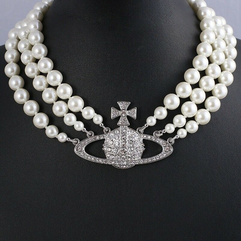 Vivienne Westwood Three Row Pearl Bas Relief Choker