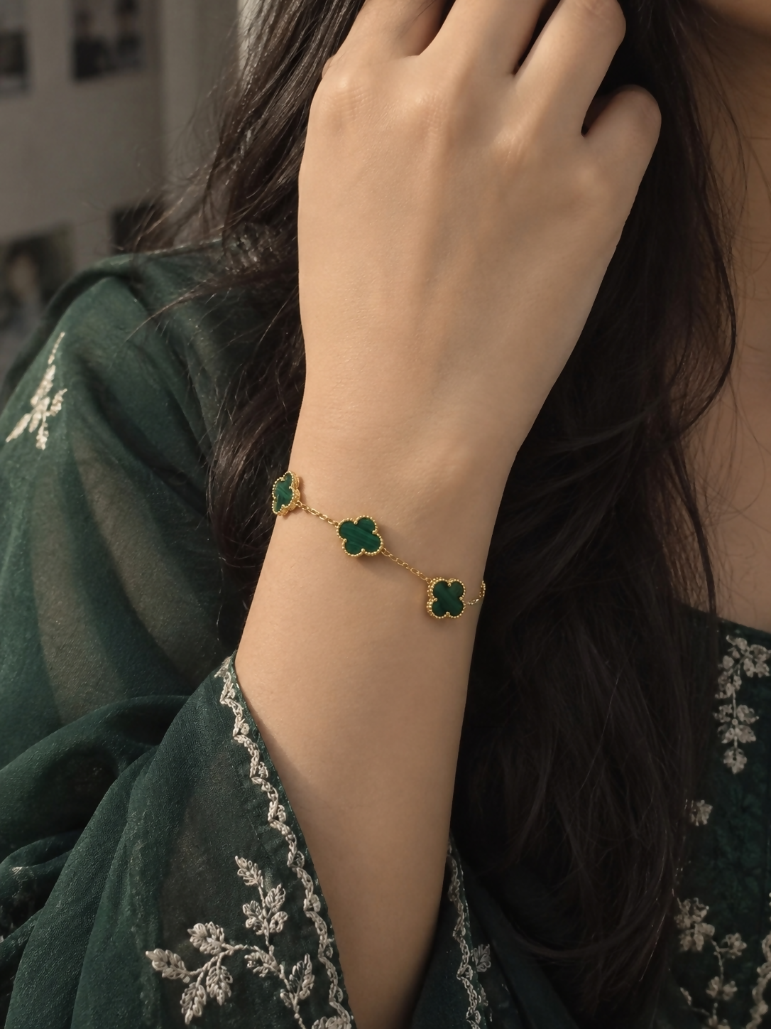 Gold Plated Green Charm Bracelet for Women Korean Fashion