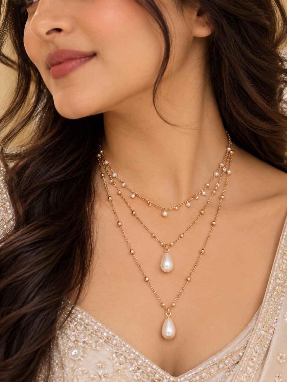 Multi-Strand Layered Pearl Cascade Necklace