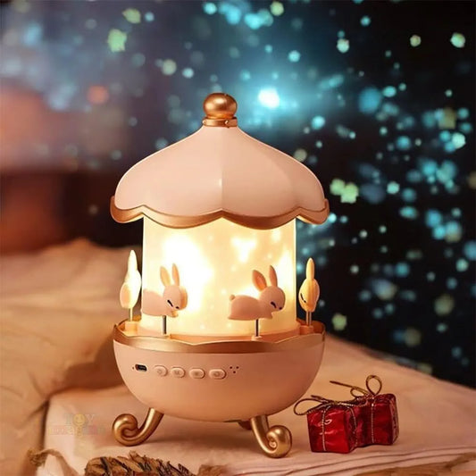 Multicolor LED Night Light Projector – 360° Rotating Starry Sky with Moon & Ocean Wave Effects – Bunny’s Carousel USB Lamp