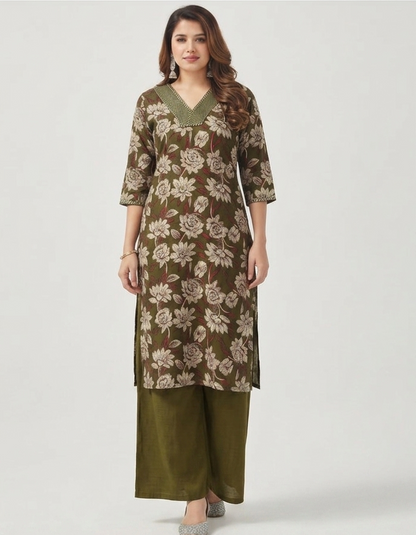 Floral Print Rayon Kurta & Palazzo Set (CS678)
