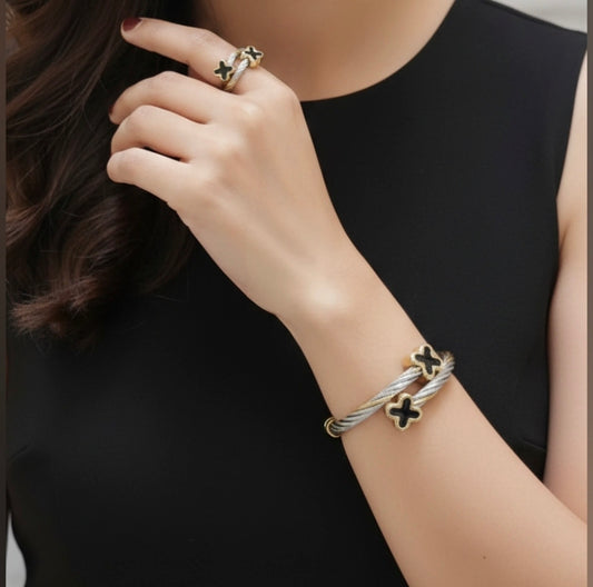 Stainless Steel X Braceket and Ring set (adjustable) S4880014