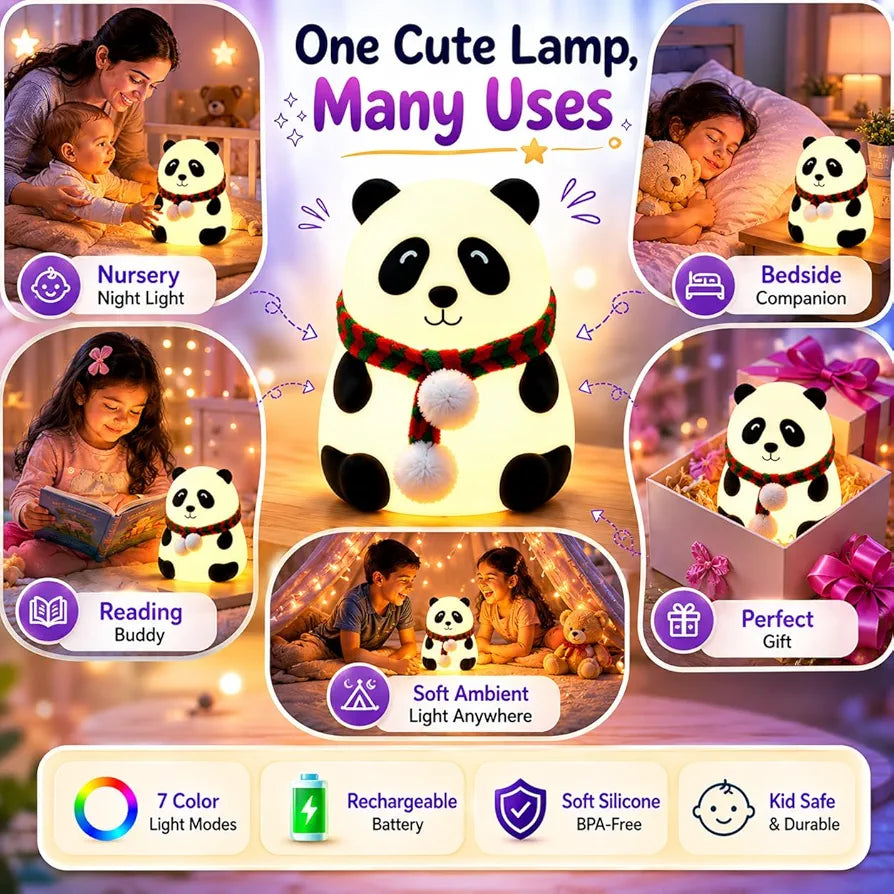 Cute Panda LED Bedside Night Light – 7-Color Touch Control