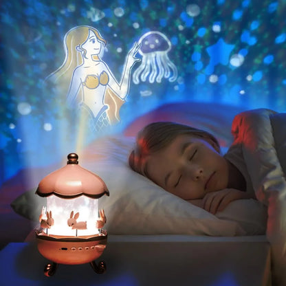 Multicolor LED Night Light Projector – 360° Rotating Starry Sky with Moon & Ocean Wave Effects – Bunny’s Carousel USB Lamp