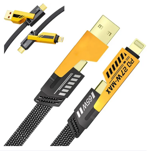 4-in-1 PD Fast Charge Cable | USB-A/Lightning/Dual Type-C | 27W–65W Nylon Braided