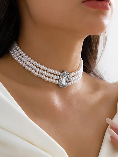 White Alloy Beads & Synthetic Stone Necklace X4880315