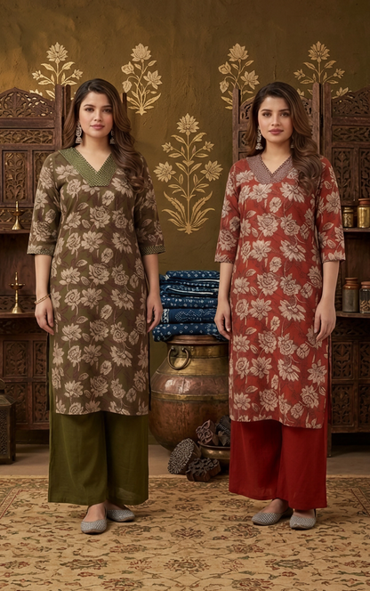 Floral Print Rayon Kurta & Palazzo Set (CS678)