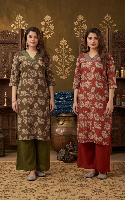 Floral Print Rayon Kurta & Palazzo Set (CS678)