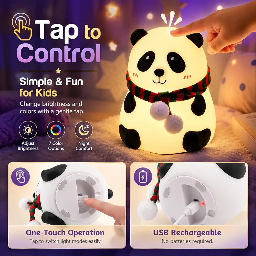 Cute Panda LED Bedside Night Light – 7-Color Touch Control