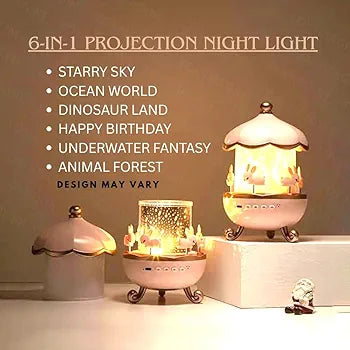 Multicolor LED Night Light Projector – 360° Rotating Starry Sky with Moon & Ocean Wave Effects – Bunny’s Carousel USB Lamp