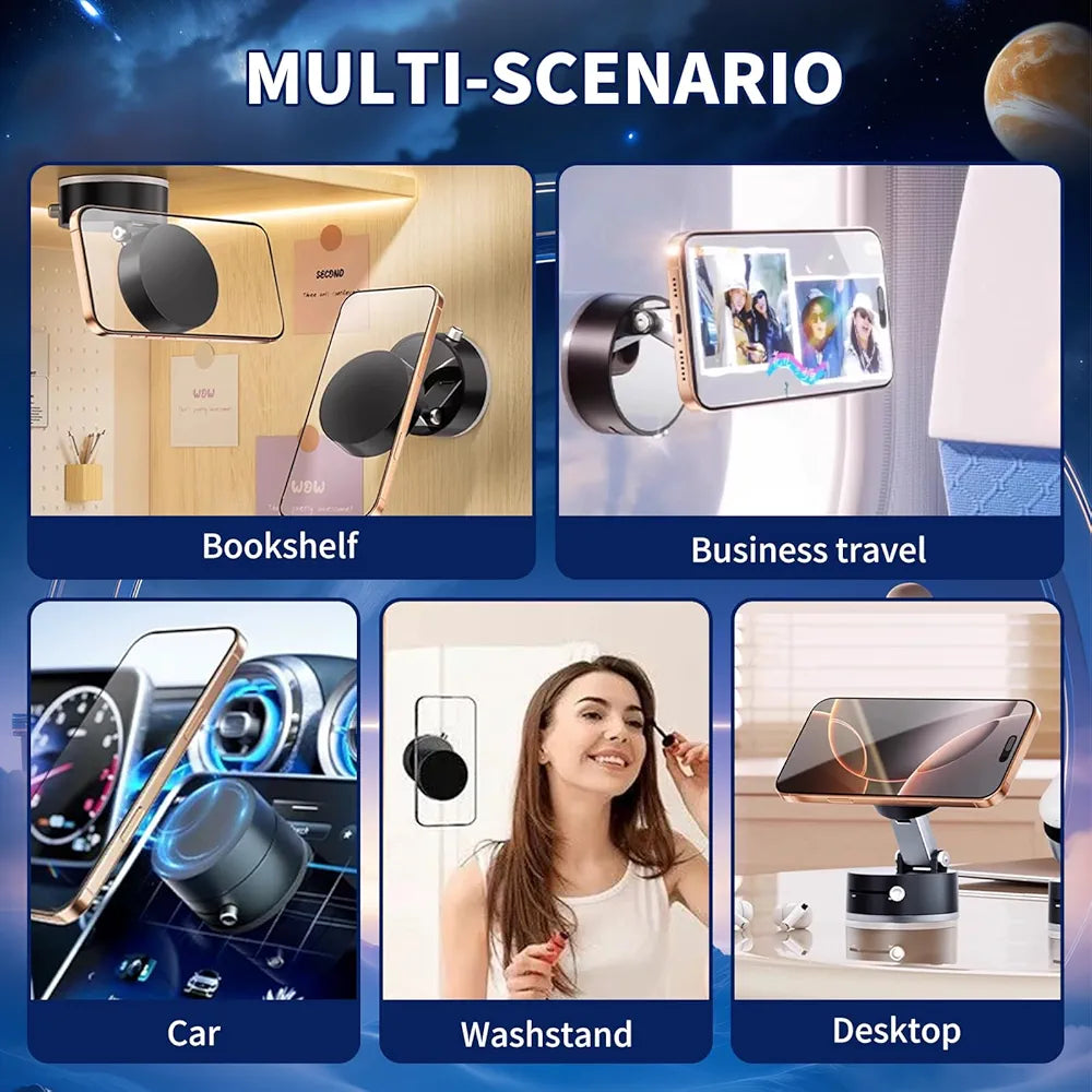 Multifunctional Vacuum Magnetic Phone Holder – Foldable Portable 360° Rotating Stand for Car, Mirror & Gym