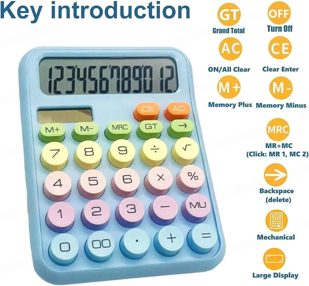 12-Digit Desktop Calculator with Large Display – Solar & Battery Dual Power, Cute Colorful Electronic Desk Calculator for Office, School & Students