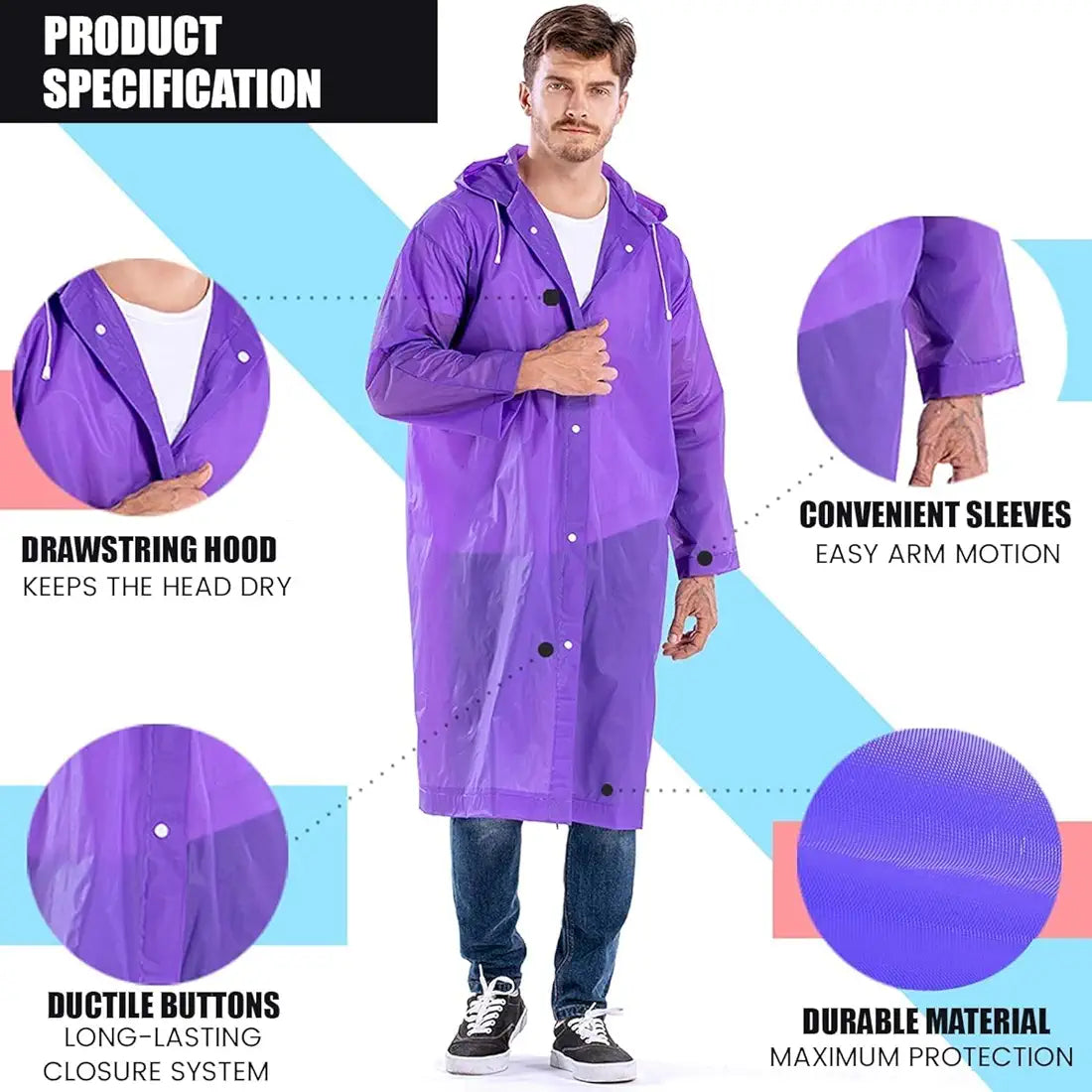 EVA Waterproof Rain Poncho with Hood – Reusable Lightweight Raincoat for Men & Women