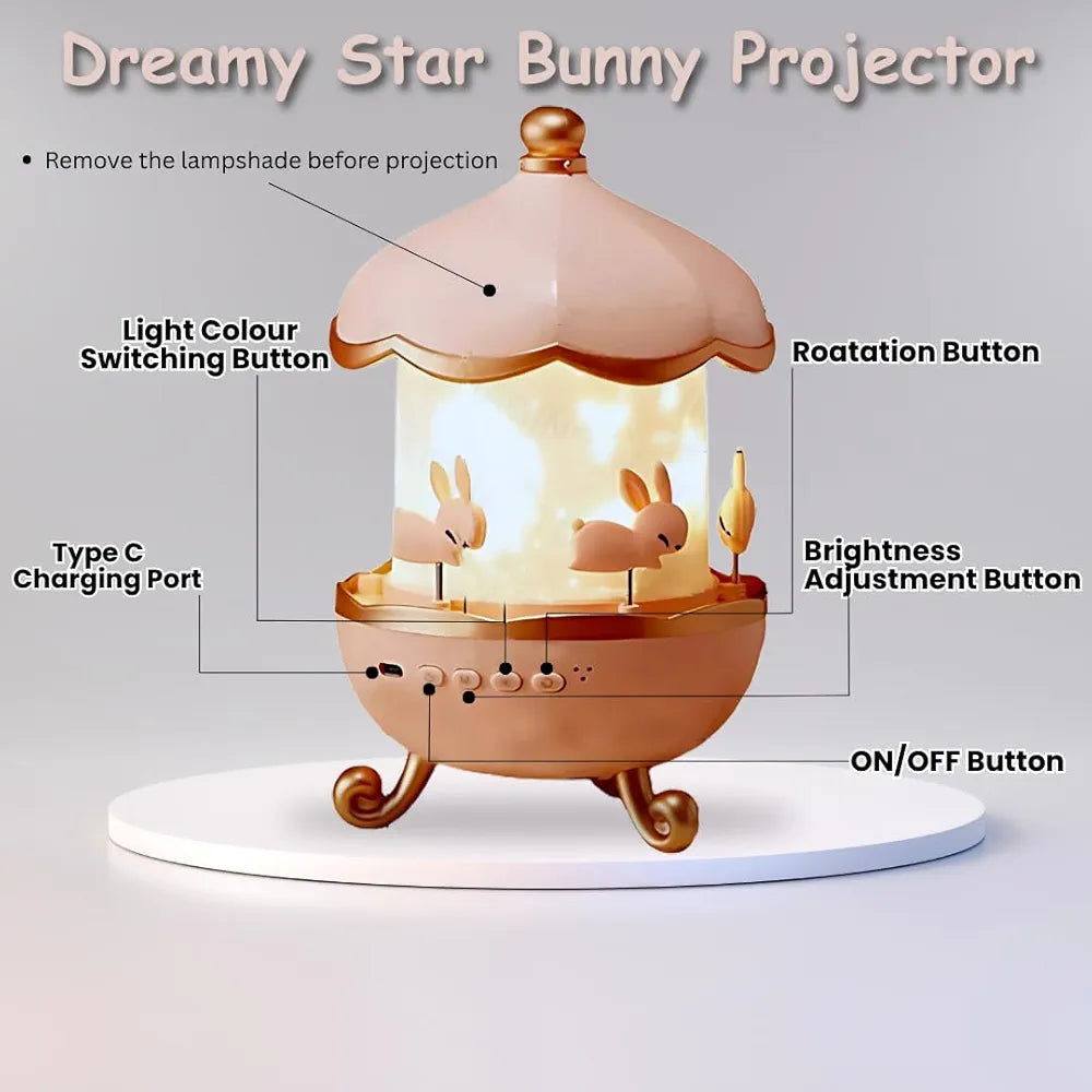 Multicolor LED Night Light Projector – 360° Rotating Starry Sky with Moon & Ocean Wave Effects – Bunny’s Carousel USB Lamp