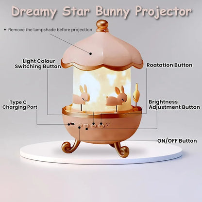 Multicolor LED Night Light Projector – 360° Rotating Starry Sky with Moon & Ocean Wave Effects – Bunny’s Carousel USB Lamp